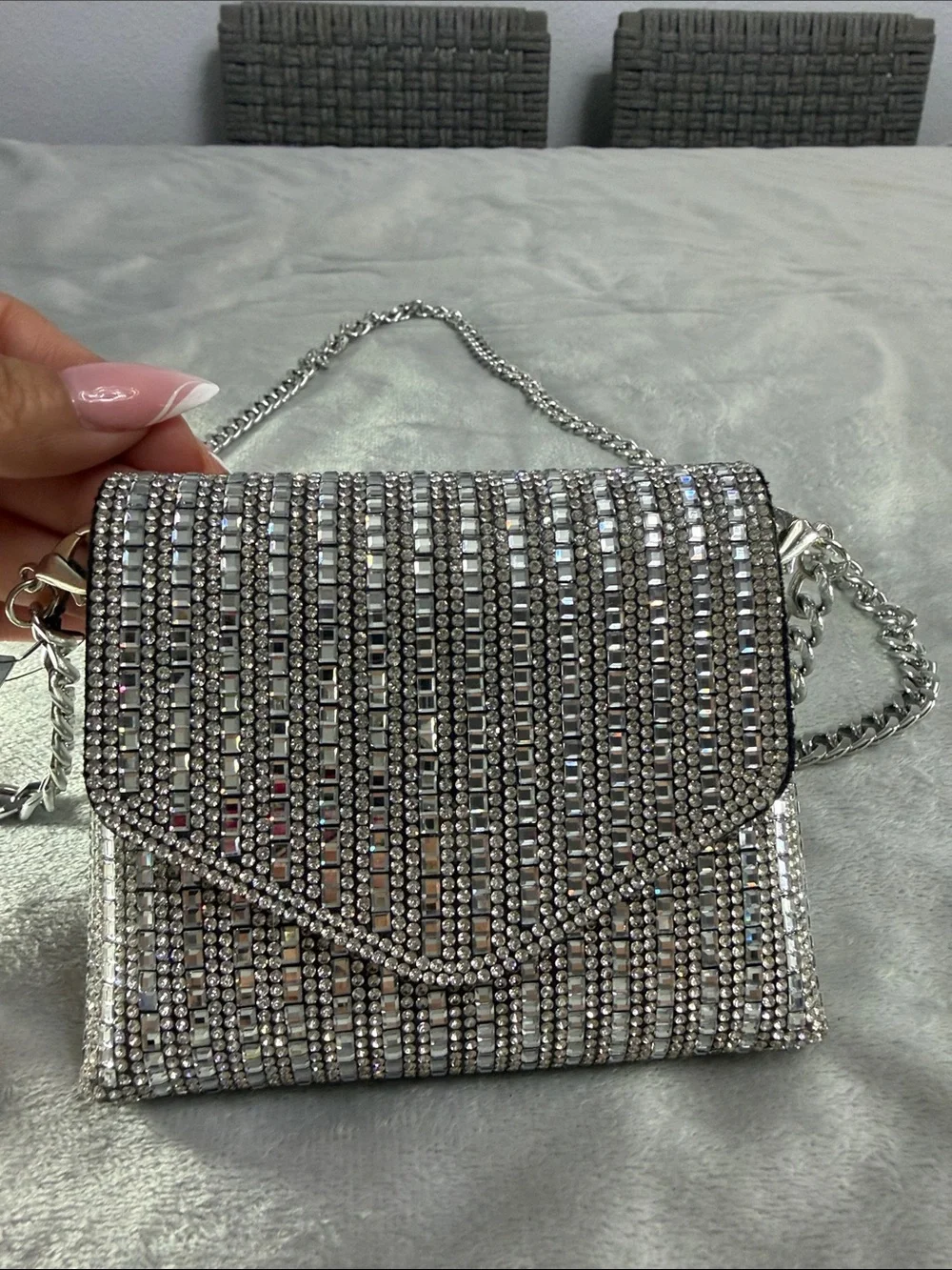 Crystal Embellished Silver Crossbody Bag